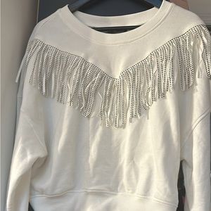 White Code+Mode Dressy Cropped Fringe Sweatshirt